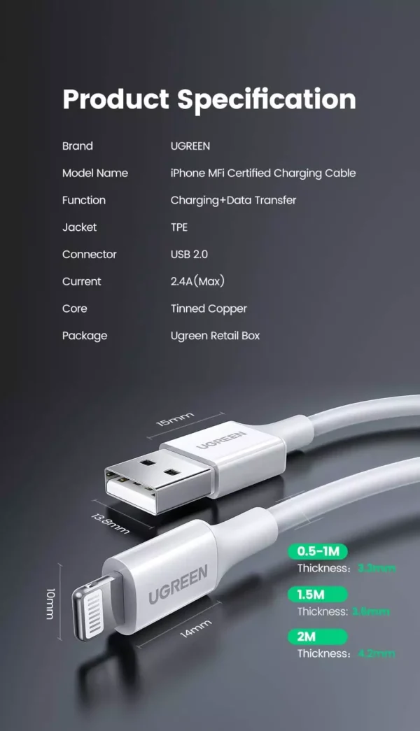 Ugreen USB to Lightning Cable 1m whit in color MFi certified - Image 5