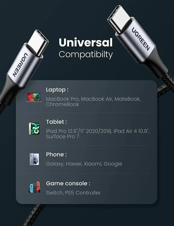 UGREEN USB-C 2.0 Male to USB-C 2.0 Male 3A Data Cable 2m - Image 3
