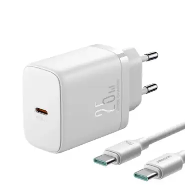 Joyroom TCF11 25W Charger-White (EU)+C to C Cable 1m-White