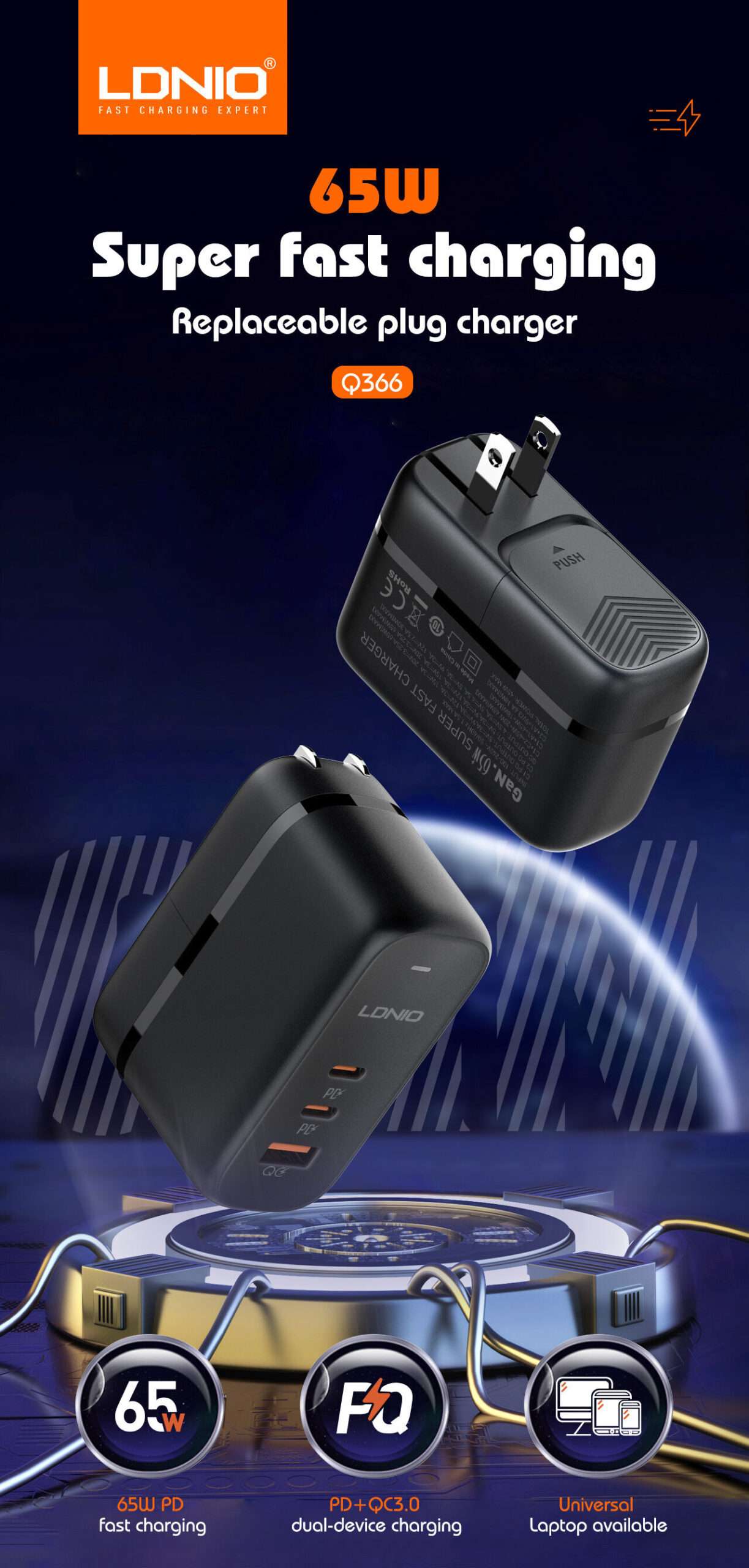 Ldnio 65W 2C+U GaN Fast Charger with USB-C Cable - Image 6