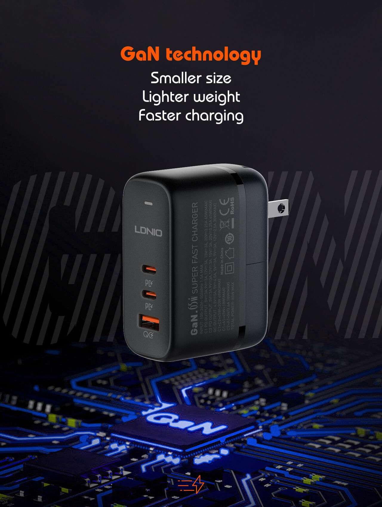 Ldnio 65W 2C+U GaN Fast Charger with USB-C Cable - Image 5