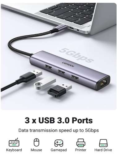 Ugreen Usb C to 3 Port Usb 3.0 Hub with Gigabit Ethernet - Image 2
