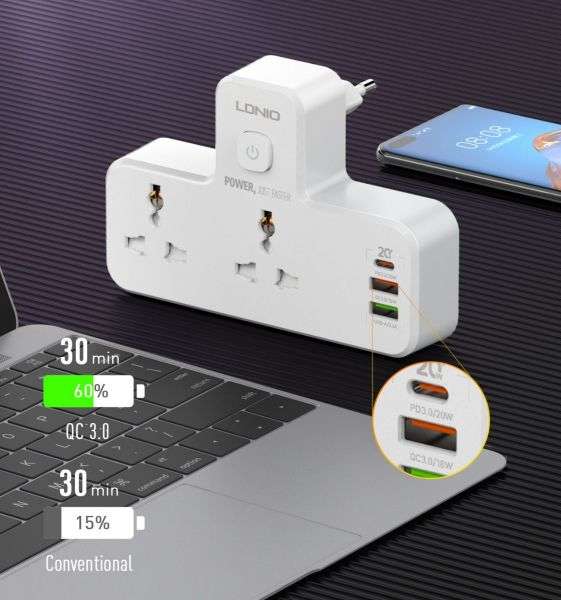 Ldnio Power Extension USB-C 20W PD for Mac | 2 USB-A Ports - Image 2